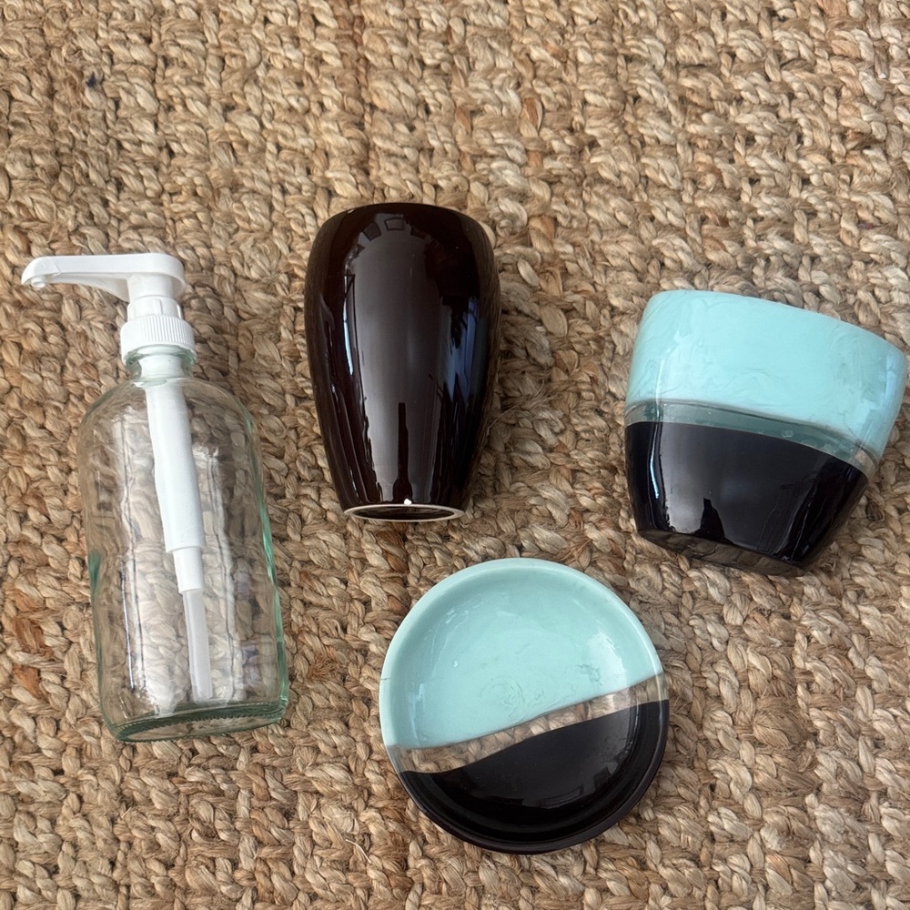 Aqua and Brown Bathroom Accessory Set soap dish tooth brush holder jewelry tray